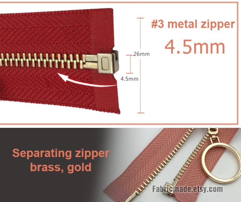 May include: A close-up of a red zipper with a gold metal slider. The zipper is #3 size and 4.5mm wide. The zipper is labeled "Separating zipper brass, gold".