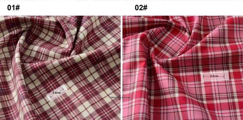 May include: Two swatches of plaid fabric. The first swatch is a cream and burgundy plaid with a measurement of 2.5 inches. The second swatch is a pink and red plaid with a measurement of 2.2 inches.