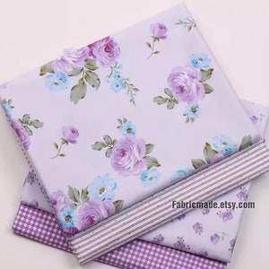 Tissu en coton floral violet shabby chic, grande fleur violette en coton lilas coordonné - 1/2 yard