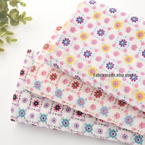 Thin Red Yellow Green Floral Square Cotton Fabric - 1/2 yard