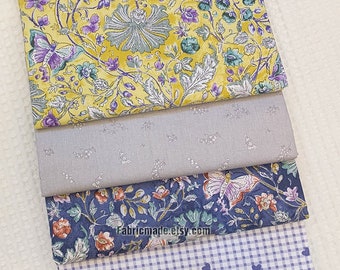 Floral Cotton Fabric, Yellow, Navy Blue, Plaid Prints, Sewing Crafting, 1/2 Yard