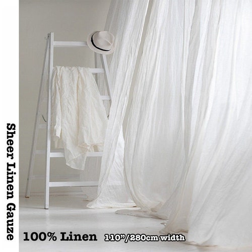 110" Extra Wide 100% Linen Gauze Fabric Pure Semi Sheer White Beige Light Linen For Curtain - 19"/50cm