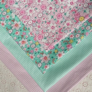 Shabby Chic Flower Fabric, Tiny PInk Flower Stripes On Light Pink Green Cotton Fabric- 1/2 Yard