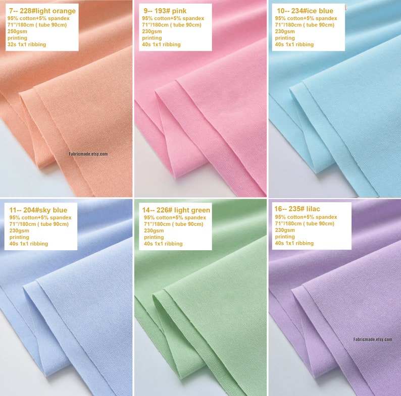 Puede incluir: Una colecci&oacute;n de muestras de tela en varios colores, incluyendo naranja claro, rosa, azul hielo, azul cielo, verde claro y lila. Cada muestra est&aacute; etiquetada con un n&uacute;mero y un nombre de color, e incluye detalles sobre la composici&oacute;n de la tela, el tama&ntilde;o y el peso.