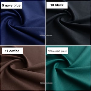 May include: Four fabric swatches in different colors: navy blue, black, brown, and greenish-blue. The swatches are labeled with numbers and color names: 9 navy blue, 10 black, 11 coffee, and 12 blackish green.