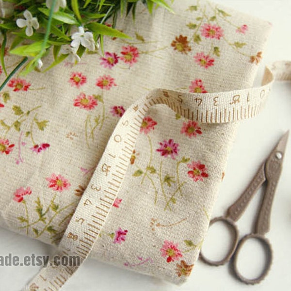 Little Daisy Floral Fabric Linen Cotton Shabby Chic Flower Pink Daisy on Beige Vintage Retro Style- 1/2 yard