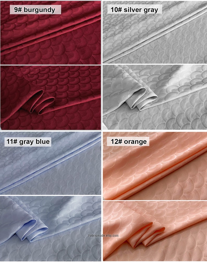 May include: Four fabric swatches with a repeating pattern of overlapping semi-circles. The swatches are burgundy, silver gray, light blue, and peach.