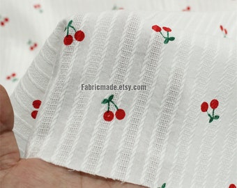 Cherry Rose Print Cotton Fabric - Off White Jacquard Stripes, Summer Dress Material (1/2 Yard)