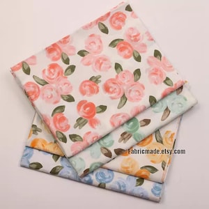 Shabby Chic Rose Floral Cotton Fabric, Blue Yellow Pink Green Roses Flower Coordinating Cotton- 1/2 Yard