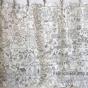 Children Linen Cotton Blend Fabric, Off White Linen With Cute Pencil Sketch Drawing 1/2 yard image 5