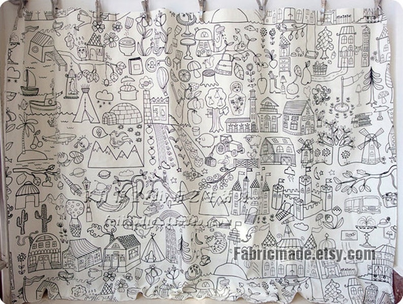 Children Linen Cotton Blend Fabric, Off White Linen With Cute Pencil Sketch Drawing 1/2 yard image 5