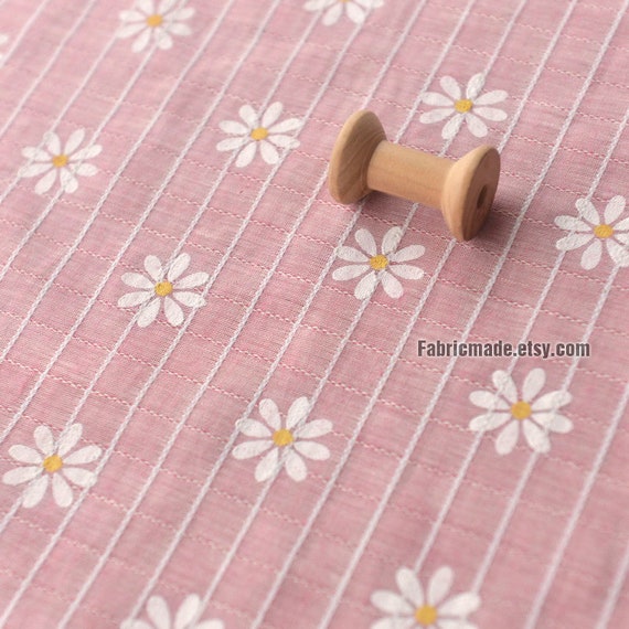 Tissu Mélange Lin Rose Avec Fleur De Marguerite Blanche Rayures Plaid 12 Yard