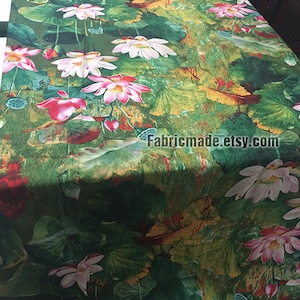 Water Lily Floral Cotton Linen Fabric, Water Painting Style, Large Lotus Fabric for Large Bag 1/2 yard image 4