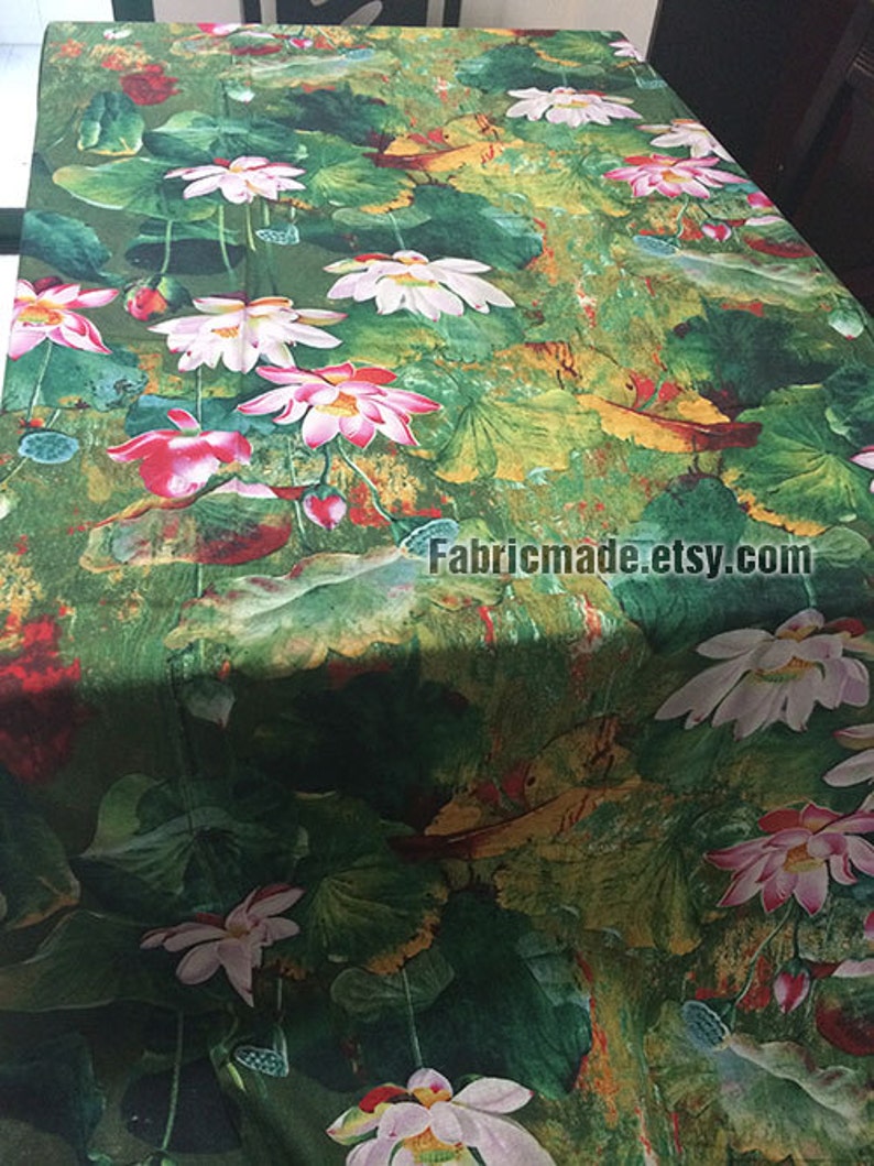 Water Lily Floral Cotton Linen Fabric, Water Painting Style, Large Lotus Fabric for Large Bag 1/2 yard image 4