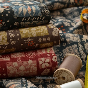 Vintage  Flower Linen Cotton Blend Fabric - 1/2 Yard