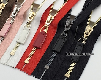 5# Gold Teeth Zippers, Pink Black White Metal Zippers For Purse Bags BRASS Closing End - Select Color and Length