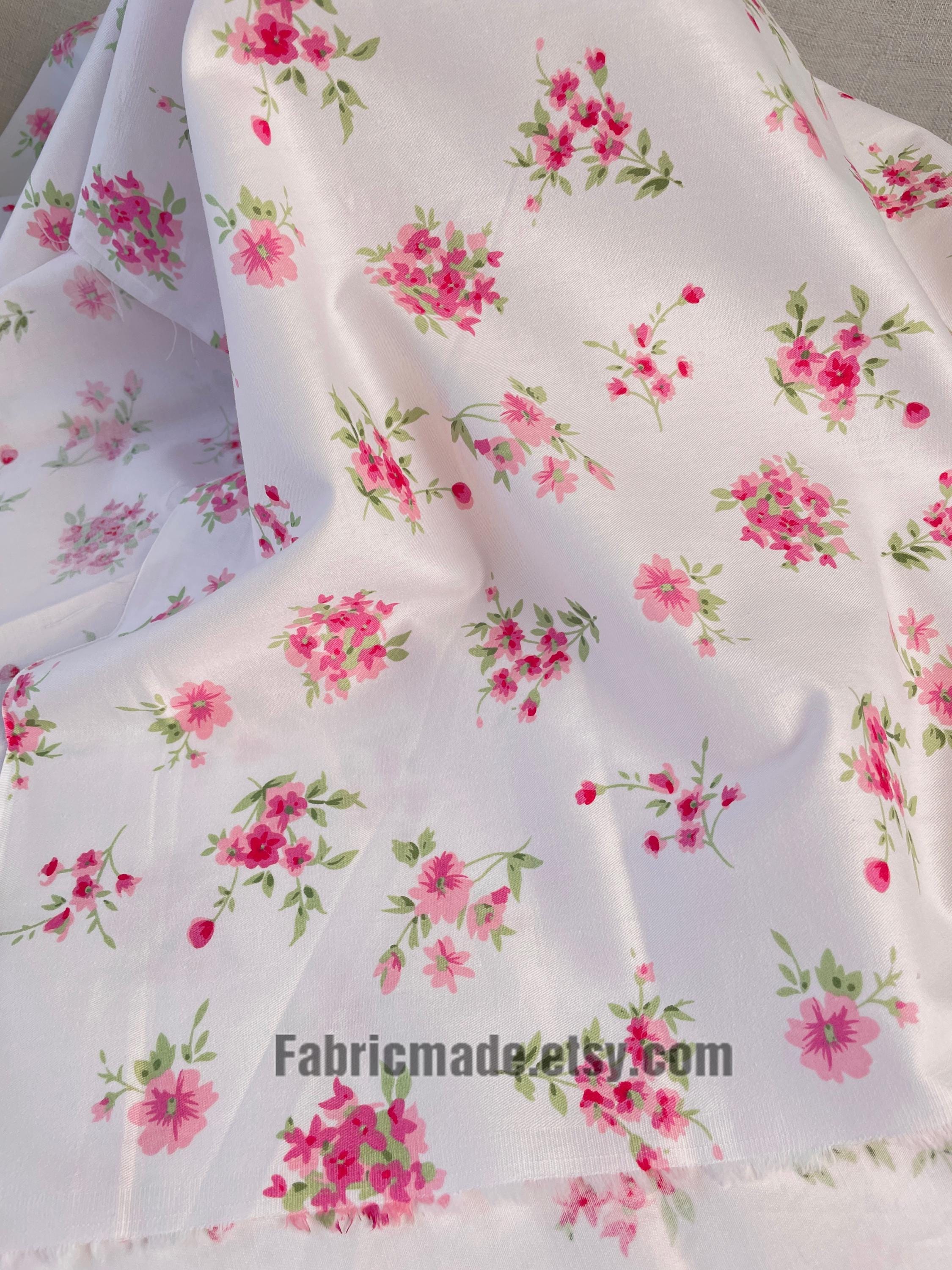 Shabby Chic Pink Rose Floral Cotton Fabric on White Cotton Pink Flower ...