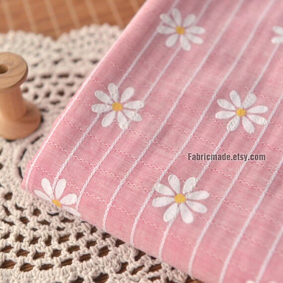 Tissu Mélange Lin Rose Avec Fleur De Marguerite Blanche Rayures Plaid 12 Yard