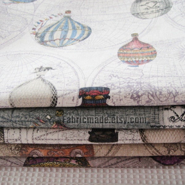 Set for 4 Cotton Linen Fabric BUNDLE Vintage World Map Fire Balloon Fabric Fat Quarter Bundle- Sets 4 Each 50cm X 50cm