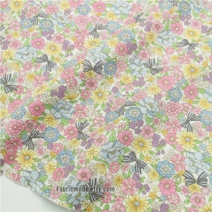 Pastel Pink Blue Yellow Floral Bows Cotton Fabric - 1/2 yard
