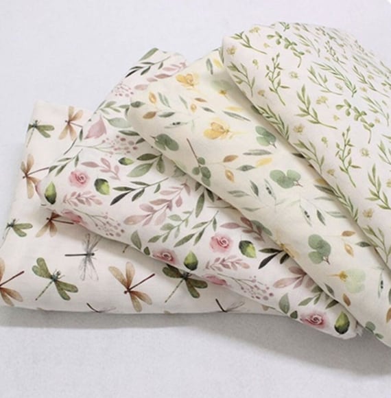 Floral Dragonfly Bamboo Fiber Double Gauze Fabric Swaddle Fabric, Muslin material- 1/2 yard