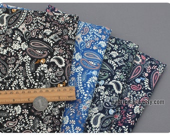 Vintage Paisley Cotton Fabric, Black Navy Rosy Green Paisley Floral Cotton - 1/2 yard