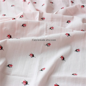 Red Rose Bud Cotton Fabric Jacquard Stripes In White Blue Pink - 1/2 yard