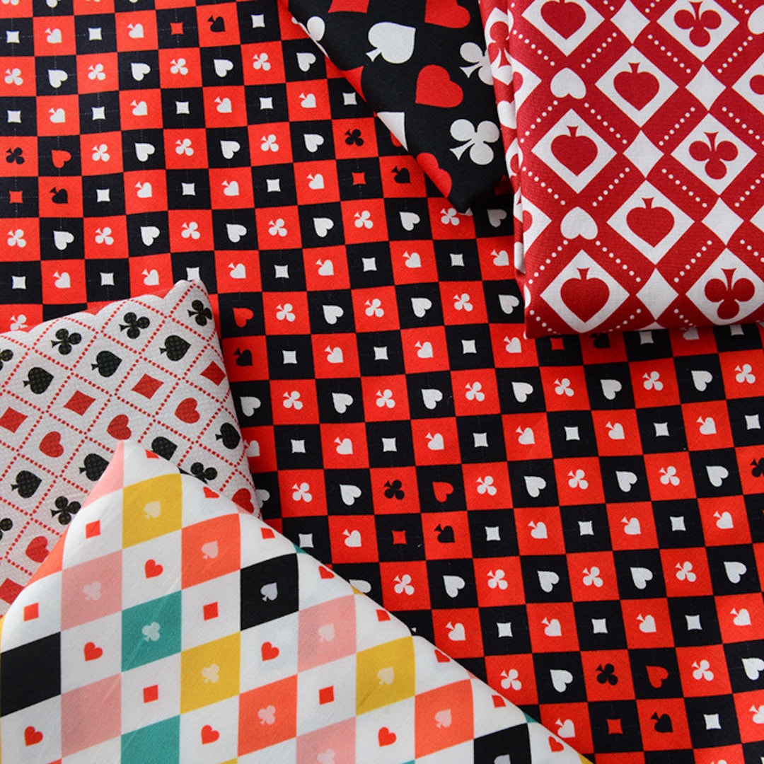 Black Red Cotton Fabric Poker Hearts, Clubs, Diamonds, Spades Fabric 1/