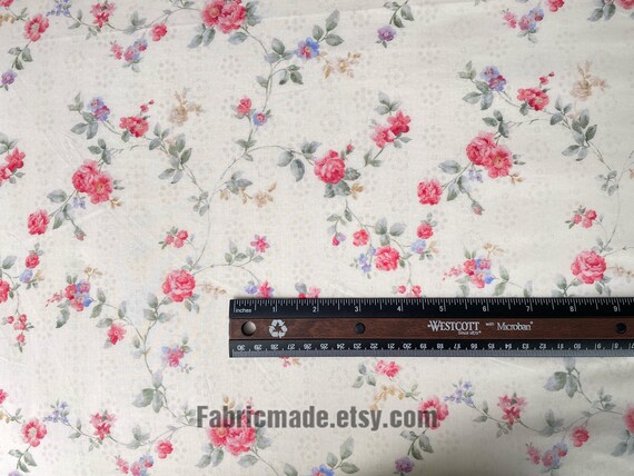 Tessuto Di Cotone Popeline Vintage Con Stampa Floreale Rosa Antico - Venduto Al Metro - Larghezza 112 Cm - 5