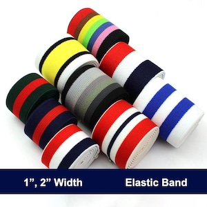 May include: Assortment of elastic bands in various colors and patterns, including stripes and solid colors. The bands are 1 and 2 inches wide. The text "Elastic Band" is displayed on a dark blue background.
