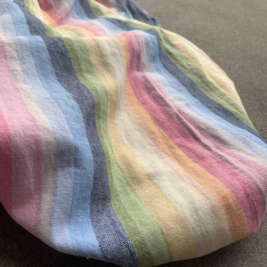 May include: A textile fabric featuring a repeating vertical striped pattern in a palette of soft pastel colors including pink, light blue, yellow, green, and cream. The material has a visible woven texture with a consistent weave throughout the piece.