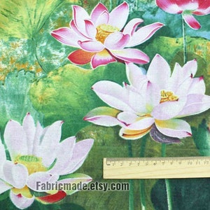 Water Lily Floral Cotton Linen Fabric, Water Painting Style, Large Lotus Fabric for Large Bag 1/2 yard image 2