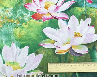 睡蓮の花柄コットンリネン生地、絵画風、大きな蓮のプリント（1/2