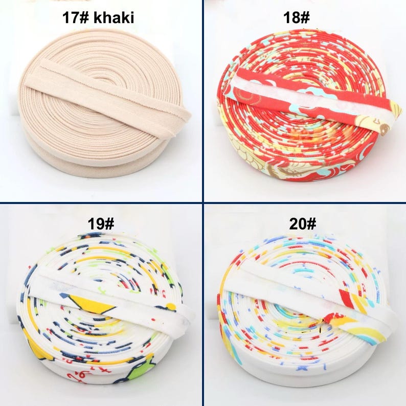 May include: Four spools of fabric trim in various colors and patterns. One spool is khaki with the text "17# khaki". The others are red, white, and multi-colored with the numbers "18#", "19#", and "20#".