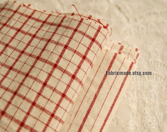 Yarn Dye Red Plaid Stripes Cotton Fabric On Beige - 1/2 Yard