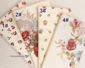 Tela de algodón con estampado de peonías estilo shabby chic, color beige claro (1/2 yarda)