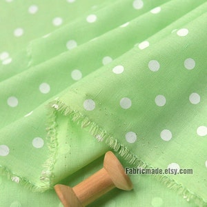 White Polka Dot On Green Yellow Linen Viscose Blend Fabric 1/2 yard image 3