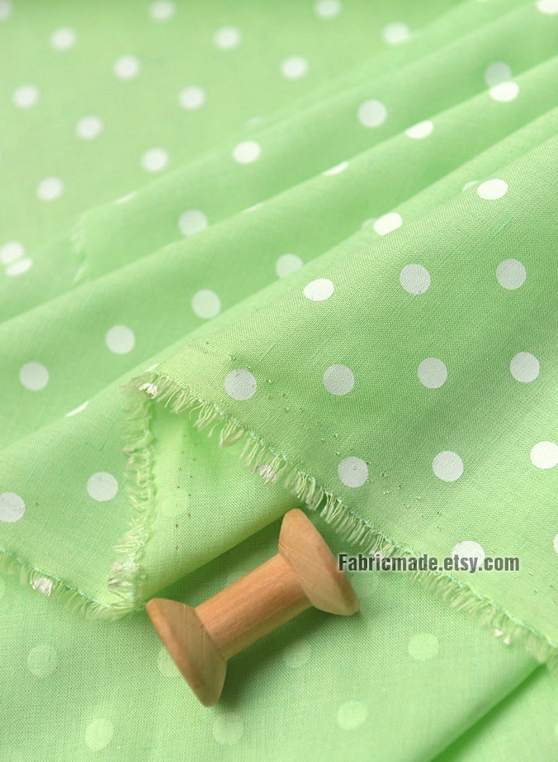 White Polka Dot On Green Yellow Linen Viscose Blend Fabric 1/2 yard image 3