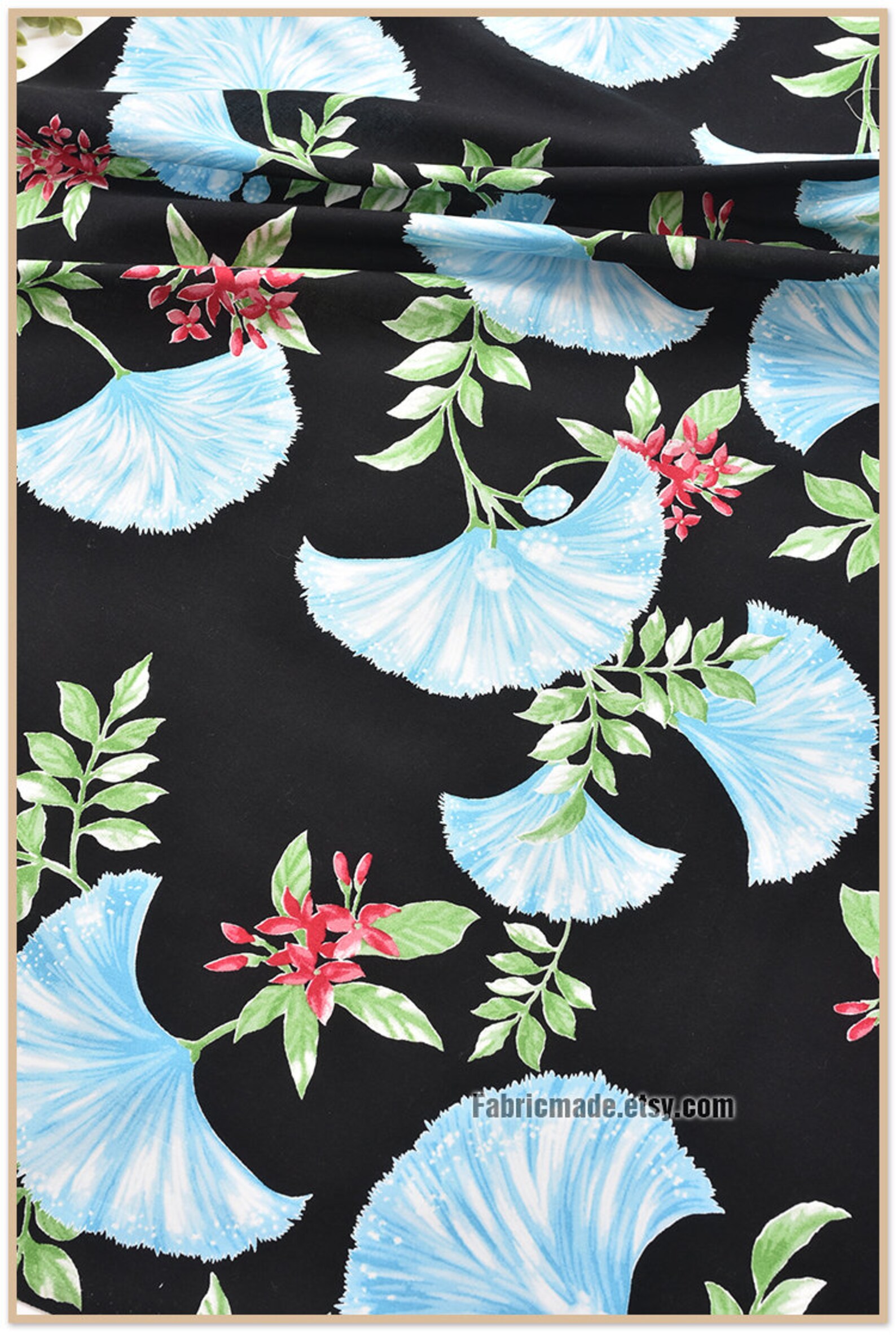 Large Floral Cotton on Black Blue Beige Fabric 1/2 Yard - Etsy