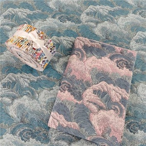 Sea Wave Hokusai‘s Wave Cotton Fabric In Gray Blue Pink - 1/2 Yard