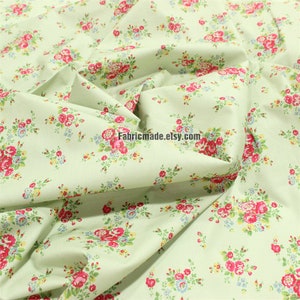 Red Rose Floral On Cream Pea Green Cotton Fabric -1/2 yard