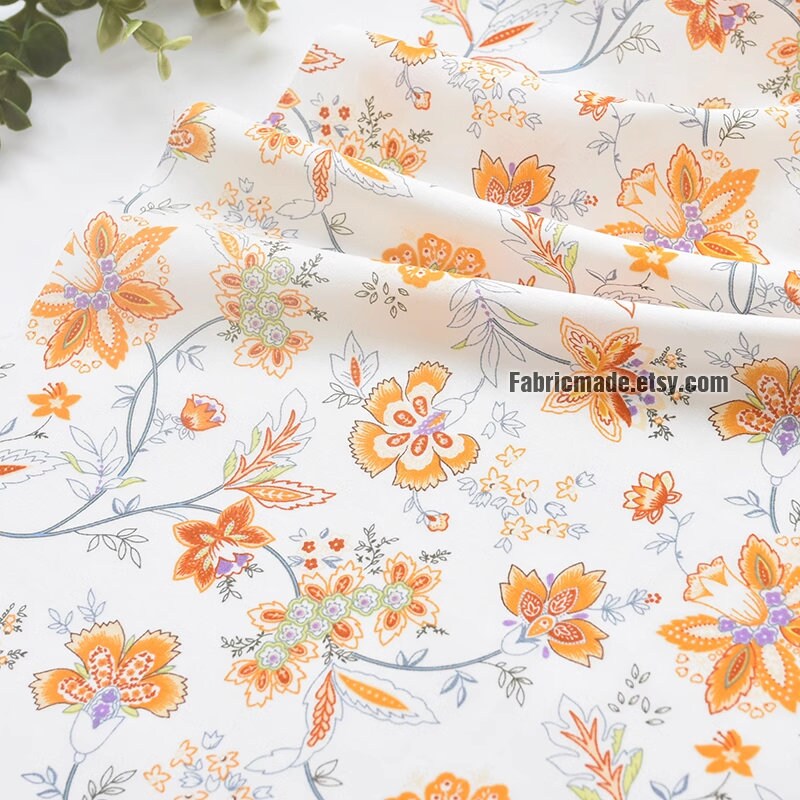 Girl's Fabric Yellow Orange Floral On White Cotton Fabric - 1/2 yard