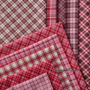 May include: A collection of red and pink plaid fabric swatches. The fabric is a soft, woven cotton with a subtle sheen. The swatches are arranged in a staggered pattern, with the top swatch being the largest and the bottom swatch being the smallest. The fabric is perfect for quilting, sewing, and crafting.