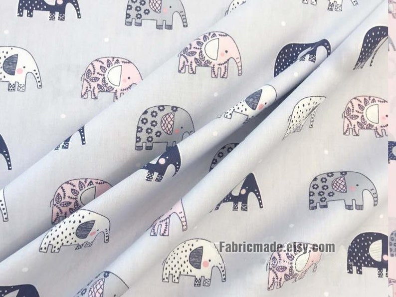Cute Elephant Cotton Children Kid/'s Fabric Grey Gray Pink Cotton Fabric 12 yard