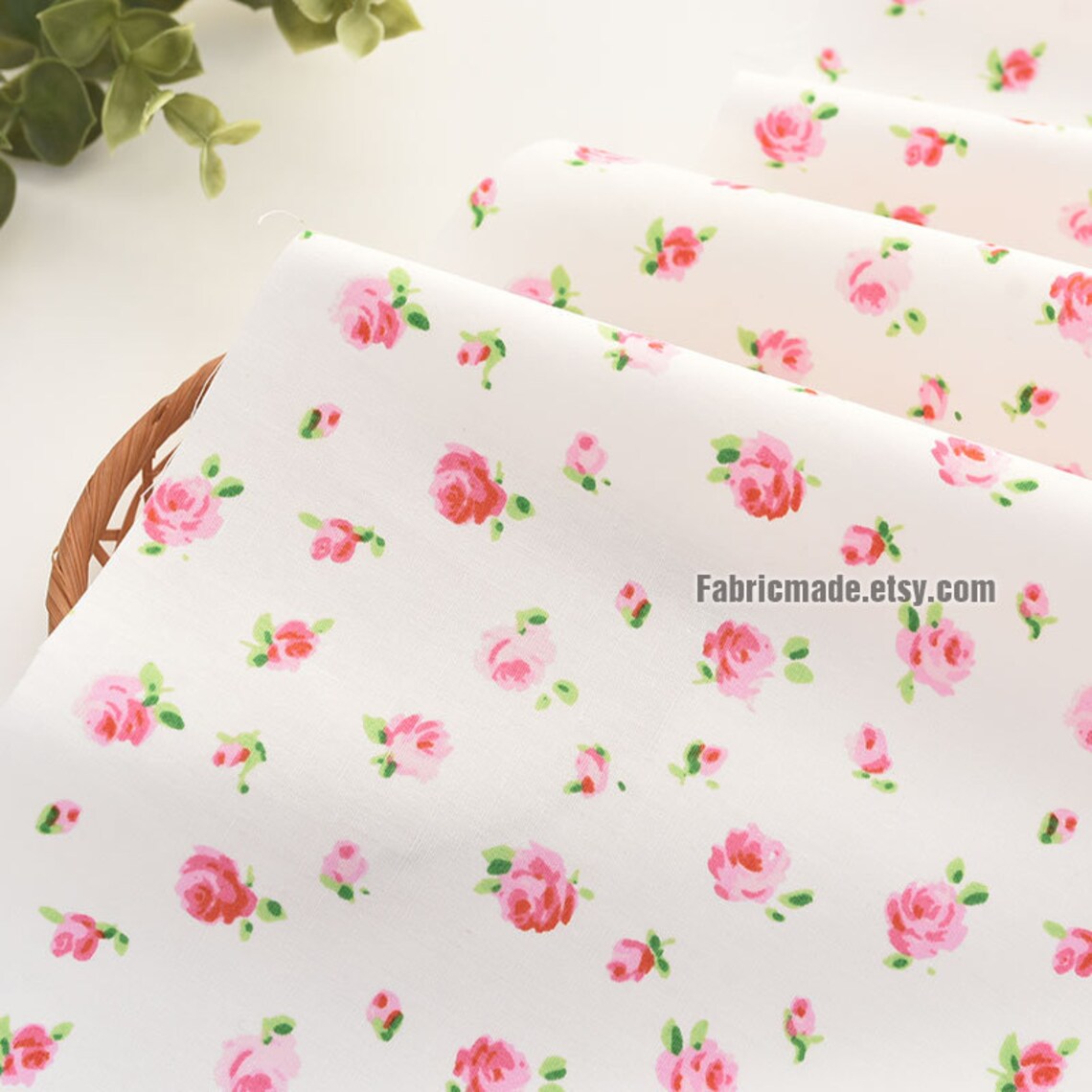 LIttle Pink Rose Flower Fabric White Cotton Fabric With Etsy