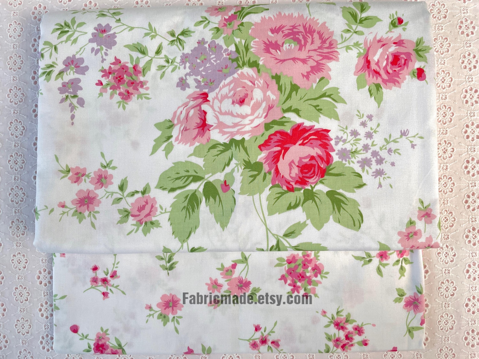 Shabby Chic Pink Rose Floral Cotton Fabric on White Cotton Pink Flower ...