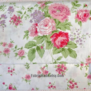 Shabby Chic Pink Rose Floral Cotton Fabric on White Cotton Pink Flower ...