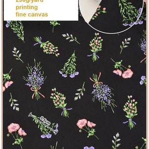 Shabby Floral Fine Canvas Cotton Ivory Black Navy Blue forget me not Flower 1/2 Yard 3 black