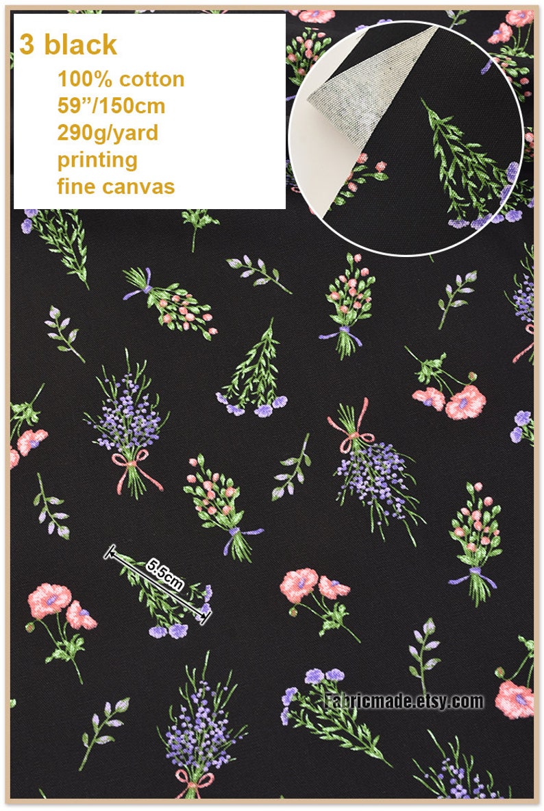 Shabby Floral Fine Canvas Cotton Ivory Black Navy Blue forget me not Flower 1/2 Yard 3 black