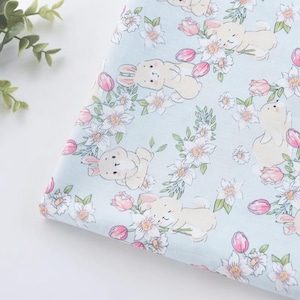 Cartoon Rabbit Tulip Flower Cotton Fabric for Girls Dolls Dress Clothing - 1/2 yard